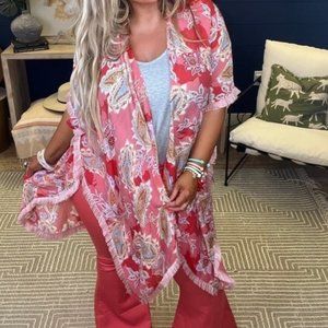 Style U Pink Fringe Open Front Boho Kimono Size S/M NWOT